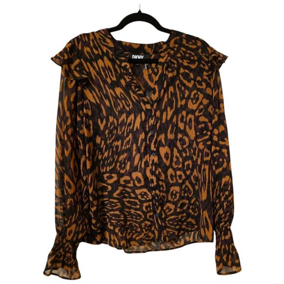 DKNY Leopard Animal Print Ruffle Button Up Shirt -  Size Large - Picture 2 of 8
